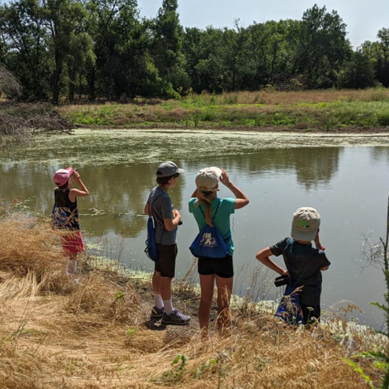 Group of kids looks out over a lake as part of Prairie Loft, Hastings